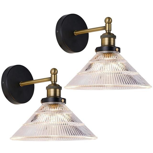 Vintage Wall Sconces Set of 2 Indoor 110V Hardwired Ribbed Glass Wall Mounted Lamp Light Fixtures for Bathroom Vanity Kitchen Hallway Stairway, Anti-Rust Brushed Bronze Finish, E26 Base, WS-23061-A2