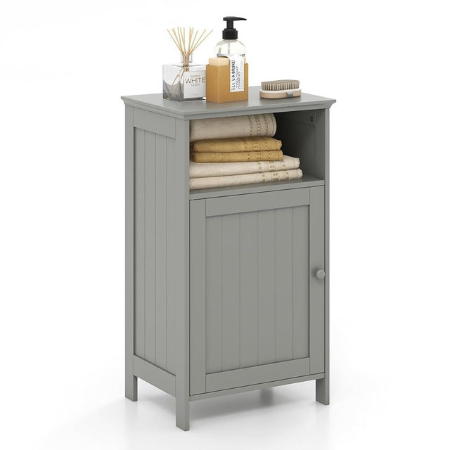 Tangkula Bathroom Storage Cabinet, Freestanding Wooden Single Door Side Floor Organizer with Adjustable Shelf, Small Bathroom Cabinet for Small Spaces, Living Room (Grey)