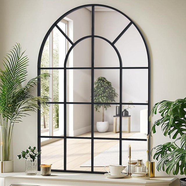Anpark Arched Windowpane Wall Mirror 30"x48" Black Wall Mounted Art Pane Mirror Farmhouse Decorative Mirror Leaning Hanging Wall Mirror for Bedroom Living Room Entrance Hallway Wall Decor