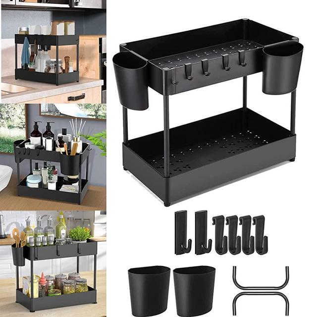 Under Sink Organizers and Storage drawers, 2 Tier multi Bathroom Sink Organizer Under Cabinet Organizer with 6 Hooks 2 Hanging Cups for Bathroom Kitchen Countertop and Cabinet (Black-1Pcs)