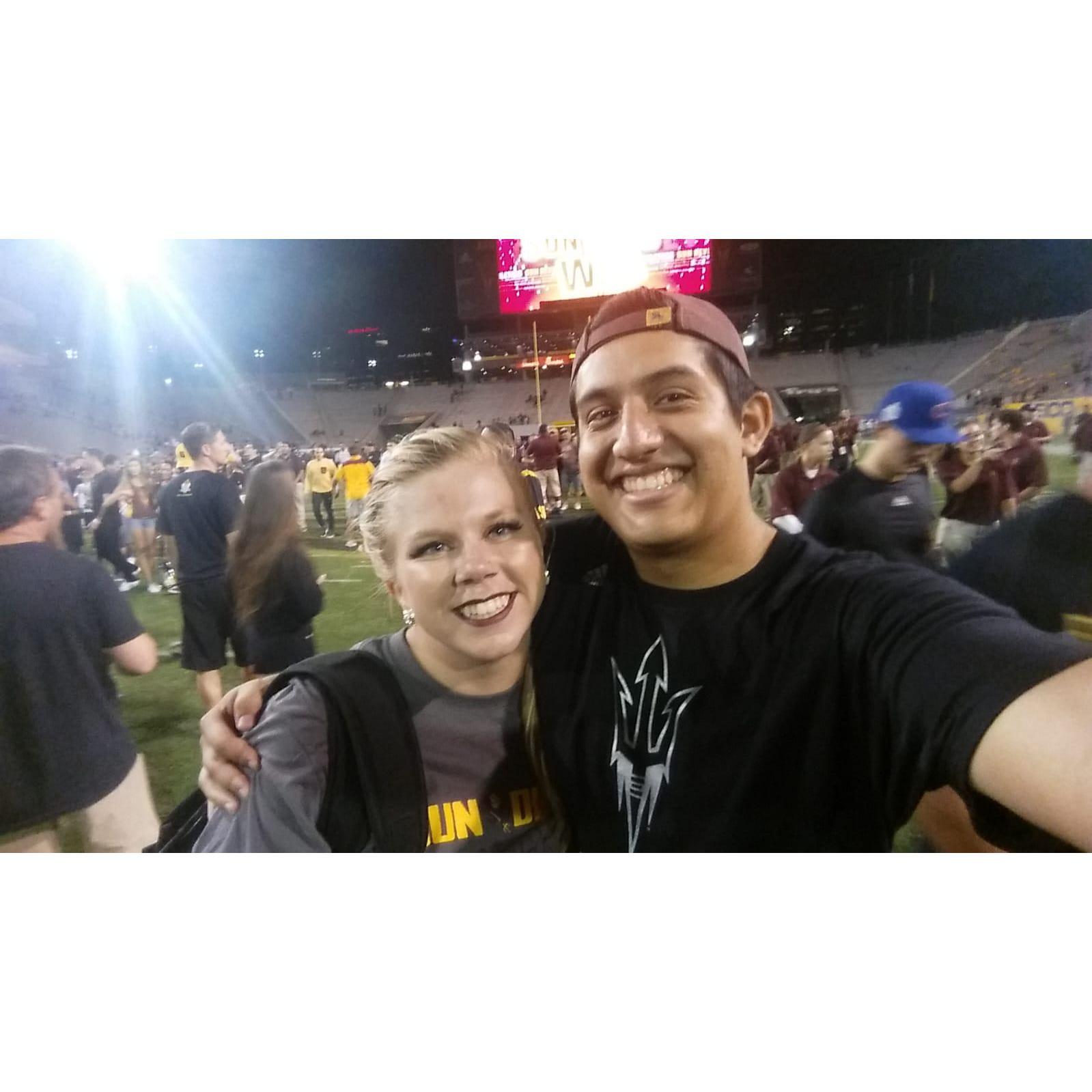 Jose "stormed the field" so that he could run across to the Marching Band section where Kylie was!