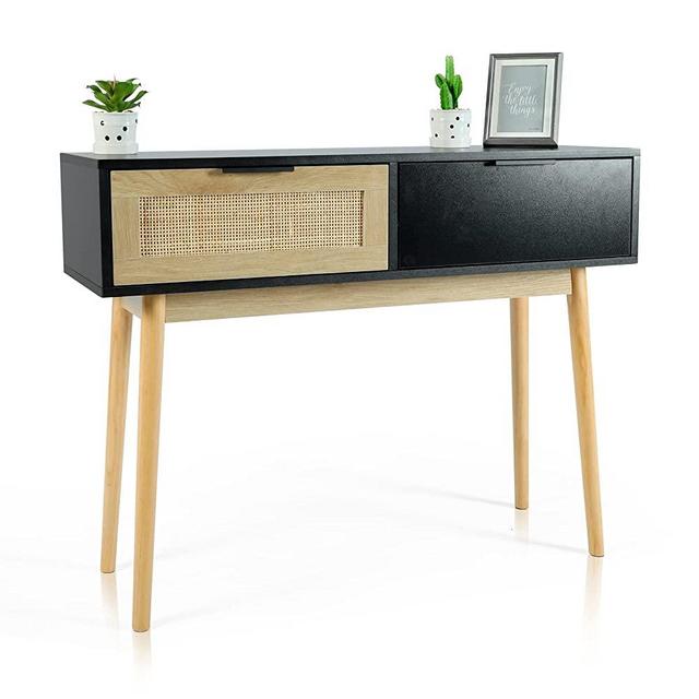 LAZZO 39" Console Table, Oak Grain Sofa Table with Wood Frame, Rustic Hallway Table with Bamboo Weaving Storage Drawer for Foyer Living Room Entryway (Black Desktop+ Natural Legs)
