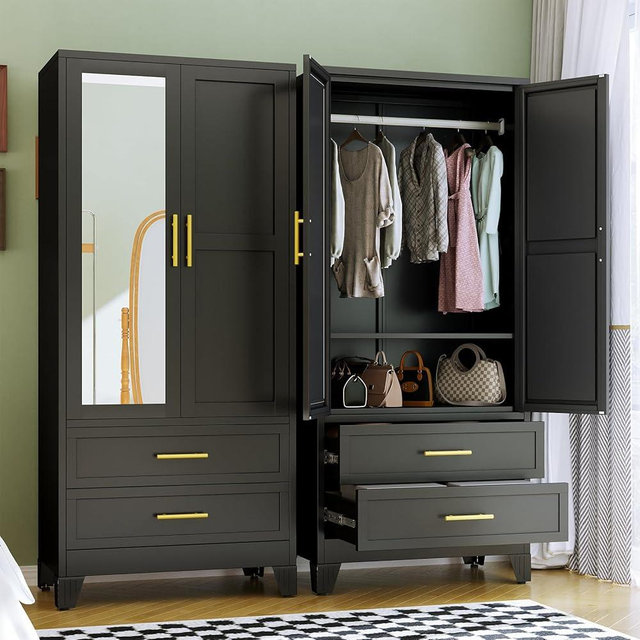 RIETERN Metal Armoire Wardrobe Closet, 71" Tall Bedroom Closet with Mirror, 2 Drawers, Adjustable Shelves, and Hanging Rod, Steel Clothes Closets and Storage, for Bedroom Black