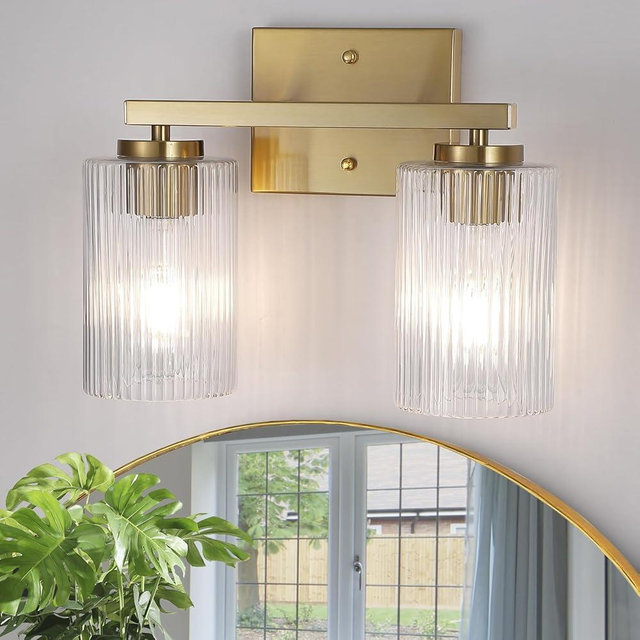 huong son 2 Light Brushed Gold Bathroom Vanity Light Over Mirror, Modern Vanity Lighting with Texture Glass Shade, Wall Mount Bathroom Light Fixtures, E26 Base