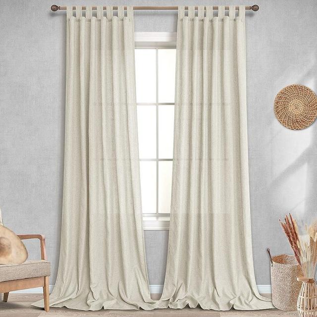 Flax Linen Curtains for Living Room 96 Inch Length Pair Tab Top Panel Lightweight Sack Tweed Cloth Canvas Textured Semi Sheer Beige Taupe Curtains for Dining Room Sand Beach Themed Decor 8 FT Long Tan