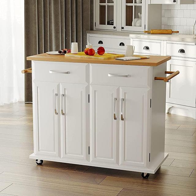 Kitchen Island with Storage Large Kitchen Island on Wheels, Rolling Island for Kitchen with Storage Drawers, Lockable Wheels Rubber Wood Countertop for Home, White