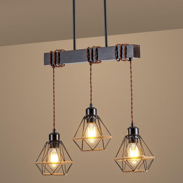 3 Light Kitchen Island Lighting, Farmhouse Chandeliers for Dining Room Light Fixtures Over Table, Modern Wood Pendant Lights Kitchen Island with Metal Lampshade