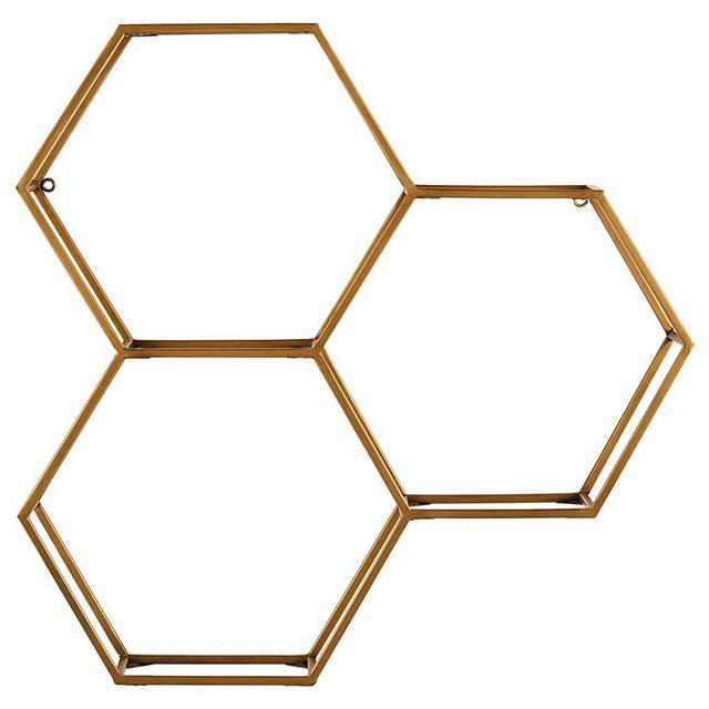 Rivet Modern Hexagon Honeycomb Floating Wall Shelf Unit with Glass Shelves - 28 x 28 x 6 Inch, Gold