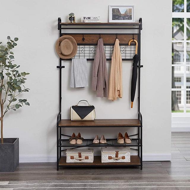Homissue 5-In-1 Entryway Hall Tree with Shoe Bench, Coat Rack with 11 Hooks and 2 Hanging Rods, Grid Panel for Memo and Photo Display, Brown Finish