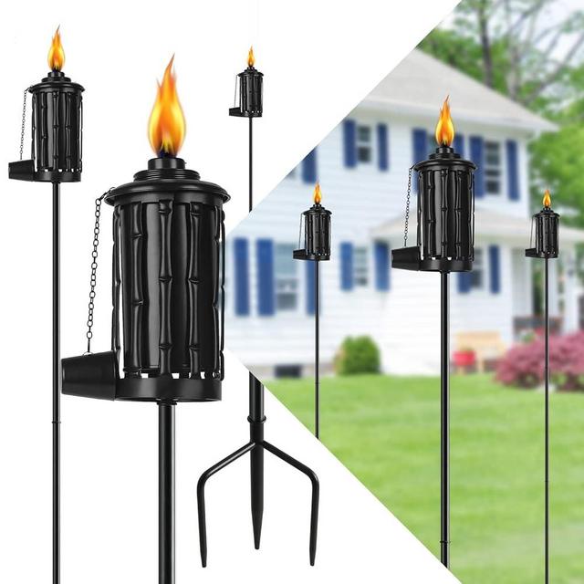 FAN-Torches Home Garden Torch Set of 6, 16oz Outdoor Metal Torch Garden Décor,59-Inch Upgraded Citronella Torches with 3-Prong Grounded Stake, Metal Light Torches for Party Patio Pathway