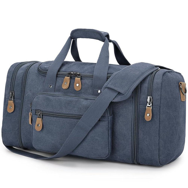 Gonex Canvas Duffle Bag for Travel 60L Expandable Duffel Weekend Overnight Bag men (Denim Blue)