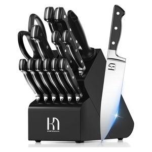 KnifeSaga Knife Set, 15 Pcs Kitchen Knife Block Set, Enduring Razor-Sharp Japanese High Carbon Stainless Steel Chef Knife Set with Block and Sharpener, Premium Black Knives Set for Kitchen