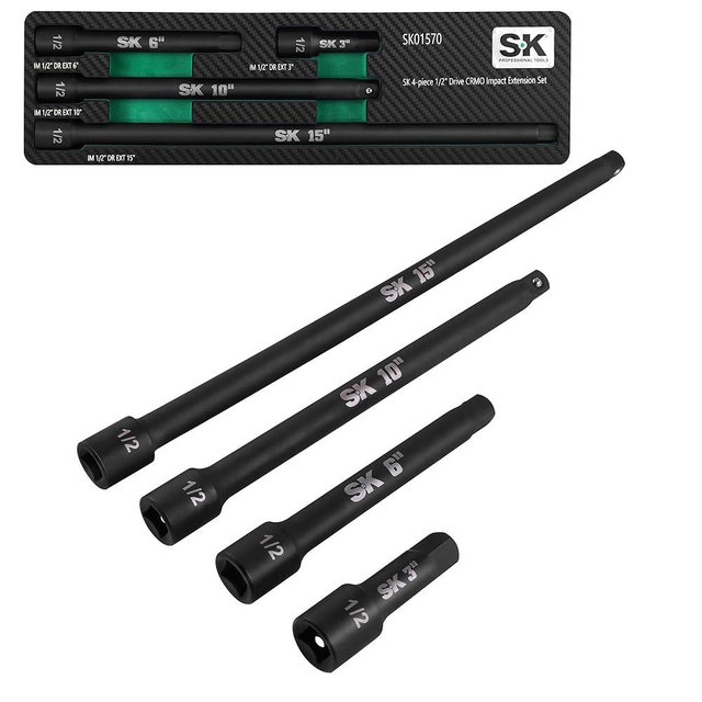 SK 4-Piece Impact Socket Extension Set, 1/2" Drive, 3", 6", 10", 15" Extension Set, Premium Cr-Mo Steel with Black Manganese Phosphate Coating