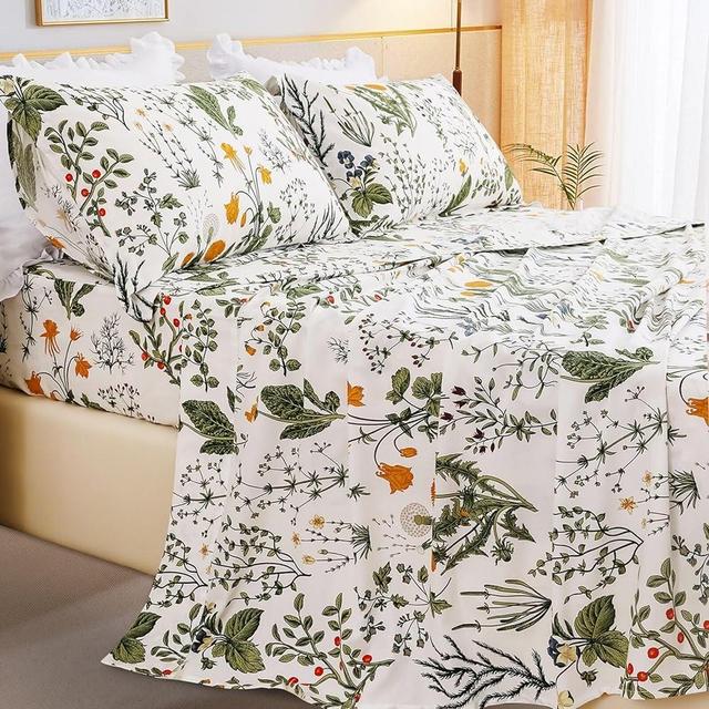 QSH 100% Cotton Sheets for Queen Size Bed, Yellow Flowers Plant Pattern Botanical Luxury Cotton Printed Floral Bedding Sheets Queen Soft and Breathable 4pcs Deep Pocket Queen Sheet Set