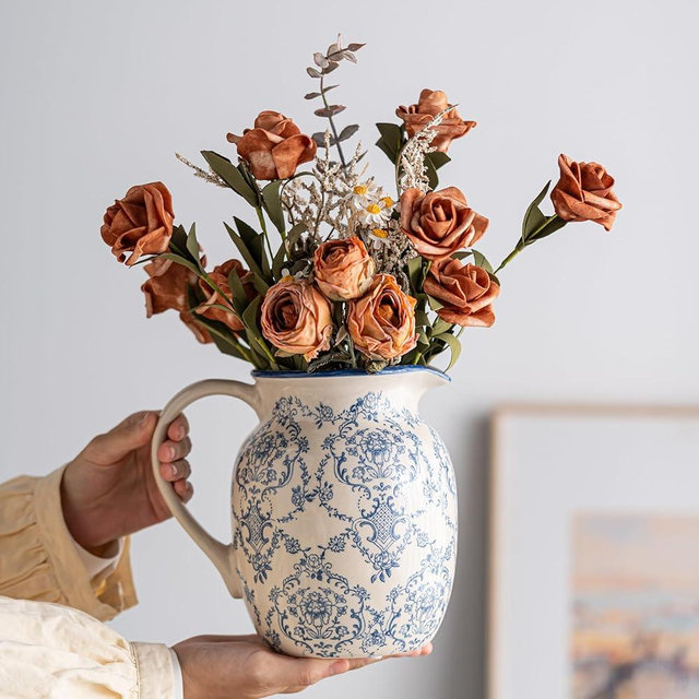 Blue and White Vase, Vintage Blue Ceramic Flower Vessel,Ceramic vases for Home Decor,Vintage Vase for Home Decor, Living Room, Shelf, Office, Rustic Table Centerpiece (Round with Handle)