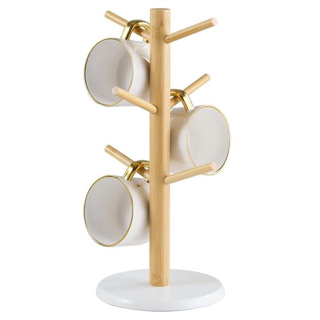 Kitsanery Mug Holder Tree, Coffee Cup Holder，Coffee Mug Tree with 6 Hooks,Home Storage Mug Hooks (Natural+White)