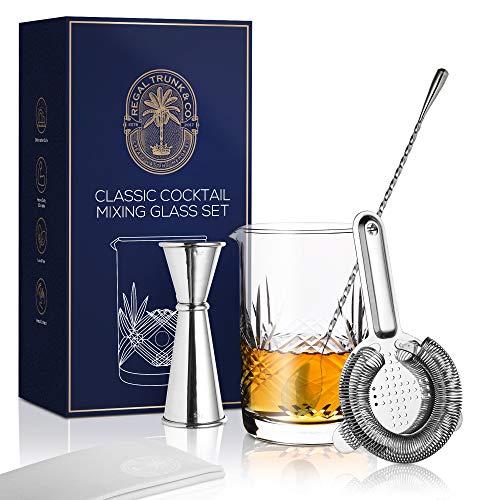 Classic Cocktail Mixing Glass Set – Seamless Weighted Lead-Free Handcrafted Crystal Mixing Glass Yarai Style | Stainless Steel Bar Spoon, Hawthorne Strainer, Japanese Jigger and Glass Polishing Cloth