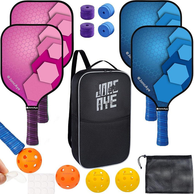 JoncAye Pickleball-Paddles-Set-of-4, Light Pickle-Ball-Paddle-Set with 4 Outdoor Indoor Balls, Paddle Case, Ball Bag | Fiberglass Rackets and Accessories for Adults, Pickleball Racquets for Men Women