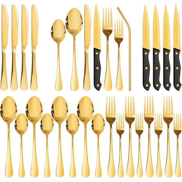 Astercook 24-Piece Silverware Set with Steak Knives Gold Flatware Set for 4 Food-Grade Stainless Steel Cutlery Set Mirror Polished Utensils Set Include Spoons and Forks for Home Kitchen Restaurant