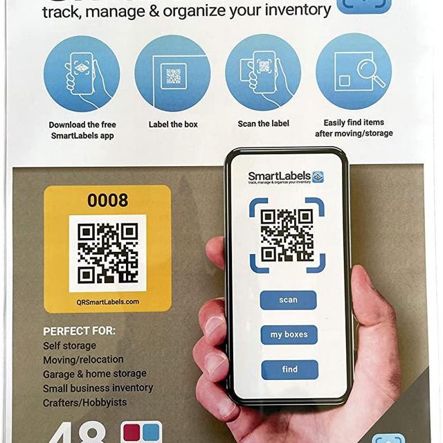 QR Smart Labels - Scannable Labels for Storage and Organization (Color Coded, Free iOS & Android App) - Pack of 48