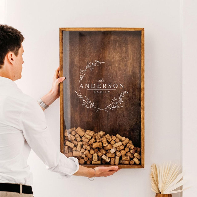 Wine Gift Personalized, Custom Wedding Gift for Couple, Anniversary Gift for Parents, Rustic Wood Wine Cork Holder, Family Name Sign