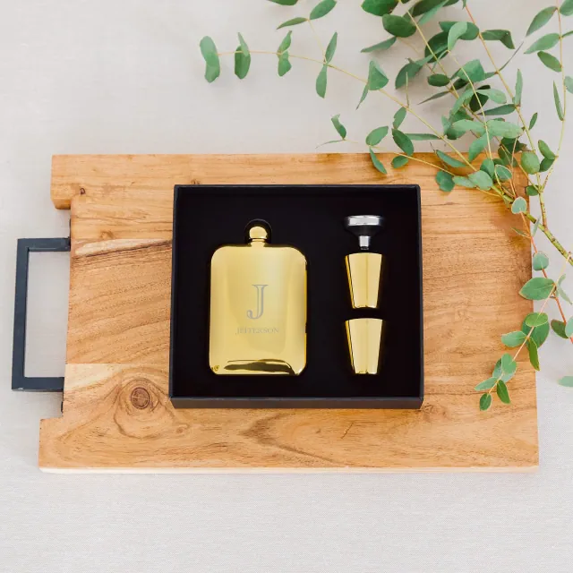 Engraved 6 oz. Gold Metal Round Edged Hip Flask Gift Box Set - Deco Monogram