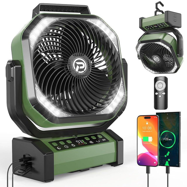 Camping Fan with LED Lantern, 20000mAh Rechargeable Battery Fan, Max 112Hrs Running,9 Speeds, Digital Display,4 Timer,Auto-Oscillating Table Fan with Remote & Hook for Camping, Power Outage, Hurricane