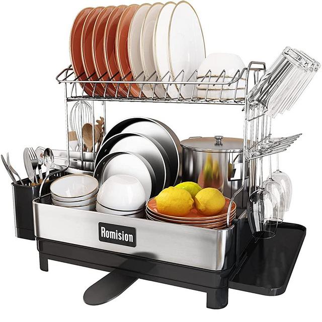 Dish Drying Rack with Drainboard, Romision 304 Stainless Steel 2 Tier Large Dish Rack and Drainboard Set with Swivel Spout, Dish Strainer for Kitchen Counter with Utensil Holder, Cup Rack, Water Tray