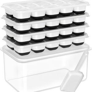 DOQAUS Ice Cube Tray with Lid and Bin, 4 Pack Silicone Plastic Ice Cubes Trays for Freezer with Box/Container, Stackable with Storage Iced Bucket Kits, Scoop, for RV, Soup, Food, Cocktail, Coffee