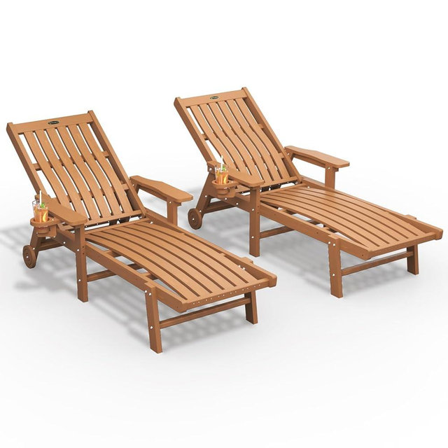 THOEOE Patio Chaise Lounge Chair Set of 2, Oversized Lounge Chair Outdoor with 5 Positions, 78″ Long, HDPE, Patio Lounge Chair with Wheels & Cup Holder for Pool, Deck, Poolside,Wood