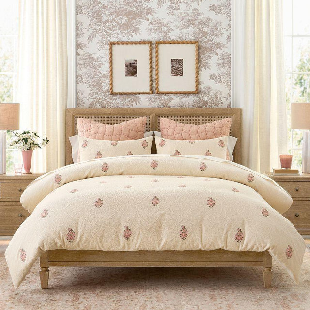 Maisie Embroidered Chenille Duvet Cover, Neutral/Pink, King/Cal. King