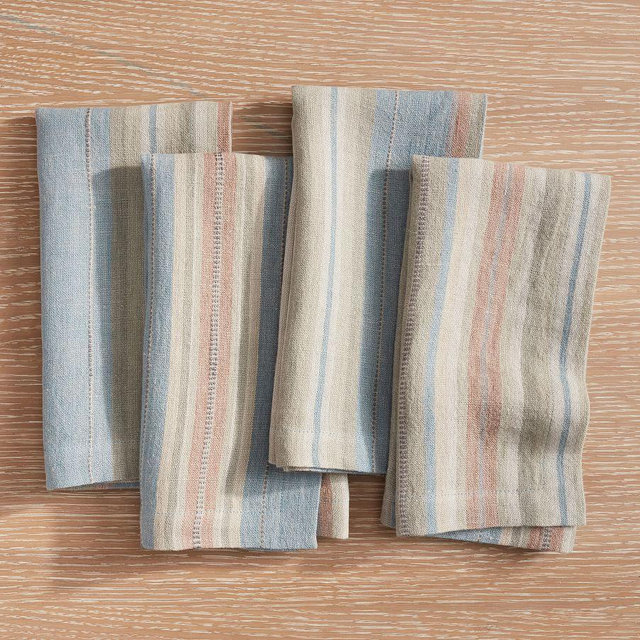 Lonnie Striped Linen Napkins, Set of 4 - Flax/Multi