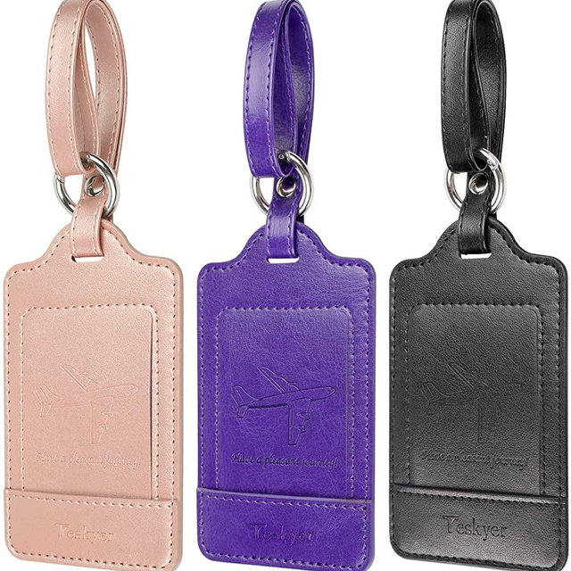 Teskyer Luggage Tags, 3 Pack Premium PU Leahter Luggage Tags Privacy Protection Travel Bag Labels Suitcase Tags
