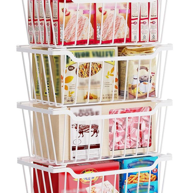 SUNALLY Freezer Organizer Bins, 4 Pack Chest Freezer Organizer Stackable for 5-7 Cu.FT Deep Freezer Sort Frozen Meats and Food, Freezer Storage Baskets with Handles Easy Reach from Bottom, White