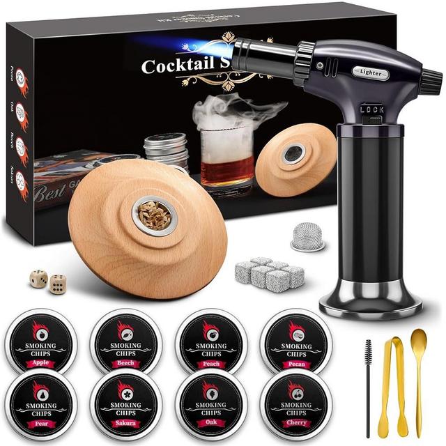 Syjunf Cocktail Smoker Kit with Torch - 8 Flavors Wood Chips - Old Fashioned Cocktail Kit, Whiskey Smoker Kit, Drink Smoker, Whiskey, Birthday Bourbon Gifts for Men, Dad, Husband (Without Butane)