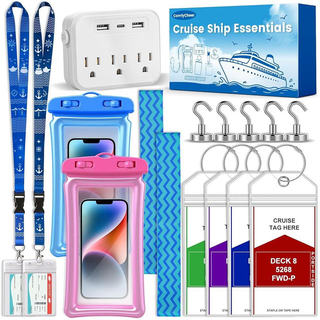 Comfycheer Cruise Essentials 2026,Cruise Must Haves Kit,Non-Surge Protector Power Strip,Magnetic Hooks,Lanyards,Luggage Tags,Towel Bands,Waterproof Phone Pouches,Travel Essentials