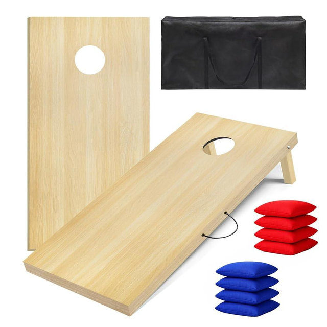 Solid Cornhole Boards Set 4x2FT Regulation Size, Solid Wood Outdoor Corn Hole Game for Adults & Family, Waterproof All Weather with 8 Bean Bags & Carry Bag for Backyard Tailgate Beach Oak/Vintage/DIY
