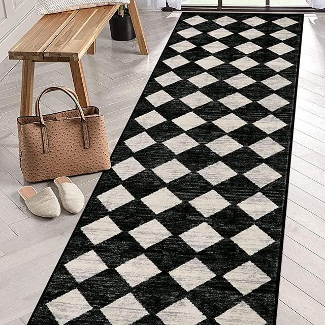 Lahome Moroccan Geometric Runner Rug - 2x8 Black Washable Hallway Runner Rug with Rubber Backing, Checkered Non Skid Kitchen Carpet Runner Indoor Mat for Camper Entryway Bathroom Hardwood Floor