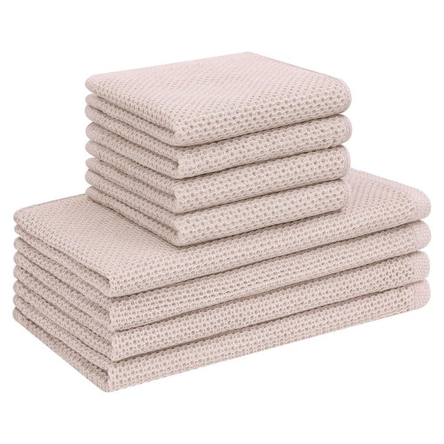 Mordimy Kitchen Towels and Dishcloths Sets, 26 X 15 Inch and 12 X 12 Inch, Set of 8, Soft and Super Absorbent Dish Towels for Drying Dishes, Khaki