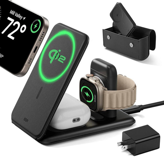 ESR Qi2 3 in 1 Charging Station for Apple, [Certified] Apple Watch Charger & Qi2 15W MagSafe Charger Stand, Travel Charger for iPhone 16/15/14/13/12 Series, Watch & AirPods, Black (Bag Included)