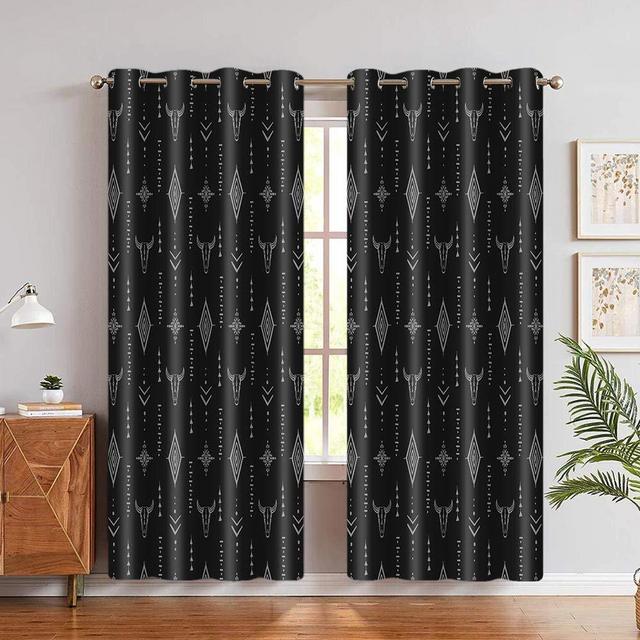 Tribal Aztec Print Window Curtain Panels 2 Pack, Bull Skull Native Tribal Boho Design Aztec Pattern, Room Darkening Grommets Window Curtains for Living Room 52x84 Inches CLLSAH17