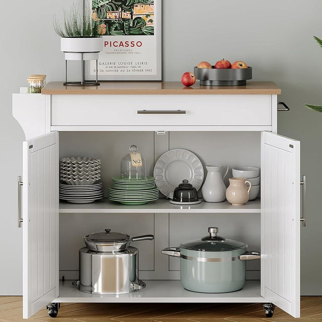 Soscana Kitchen Island with Storage, Wooden Rolling Kitchen Island On Wheels with Wood Top, Mobile Kitchen Bar Cart Cabinet with Towel Rack, Spice Rack and Drawers, White