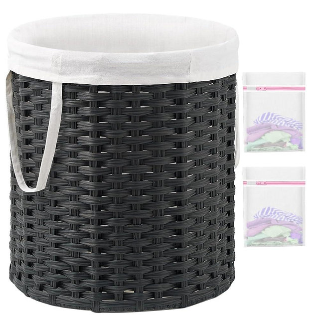 SETVSON Laundry Hamper Round Laundry Basket 26.5 Gal (100L) Rattan Laundry Hamper, Handwoven Wicker Laundry Basket with Handles Removable Laundry Bag 2 Mesh Bags for Bedroom Laundry Room Black
