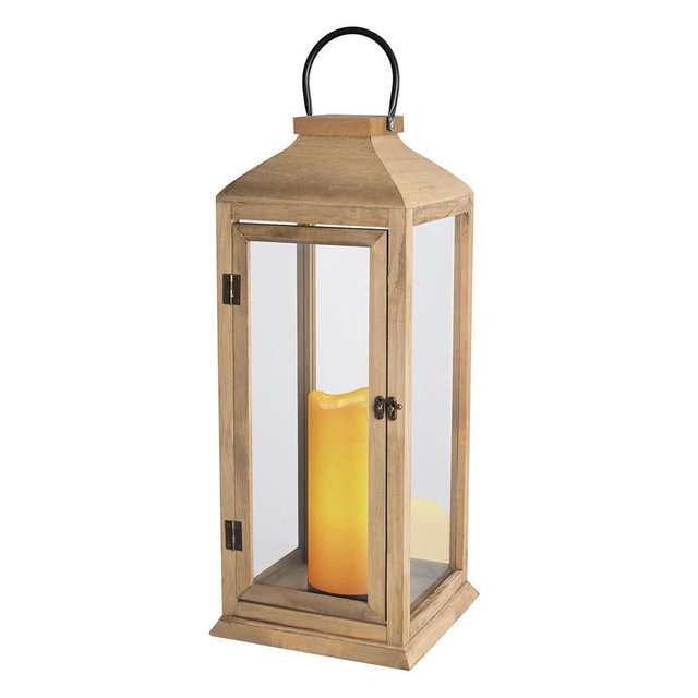 Large New Zealand Pine Lantern With Flameless Pillar Candles - IP65 Waterproof Decorative for Home Decor, Indoor Outdoor, Front Porch, Garden, Farmhouse Style