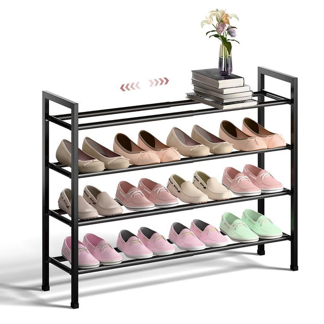 Bumusty 4-Tier Expandable Shoe Rack for Closet, 18“-33” Adjustable Shoe Rack for Small Space, Small Shoe Organizer for Front Door, Sturdy Metal, Dark Black