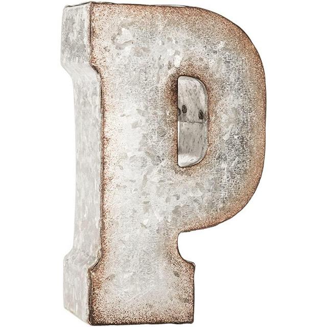 CraftyCrocodile Galvanized Metal 3D Wall Letter P Block - Metal Monogram Decor - Hanging or Freestanding Initials With Keyhole Bracket - Industrial, Distressed, Rustic Style Sign for Home, Living Room