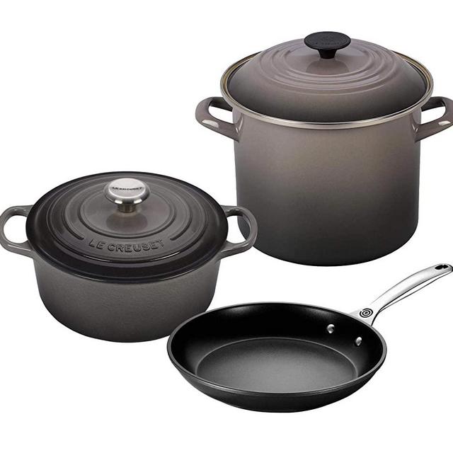 Le Creuset 5-Piece Oven and Stovetop Cookware Bundle with 4-1/2 QT Round Dutch Oven, Le Creuset 8 QT Covered Stockpot, and Le Creuset 10" Toughened Nonstick Pro Fry Pan - Oyster