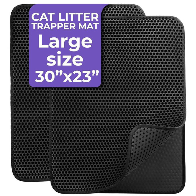 iPrimio Large Cat Litter Trapper Mat with Exclusive Urine/Waterproof Layer - Cat Litter Mat - Larger Holes with Urine Puppy Pad Option for Messy Cats - Soft on Paws and Light - 30" x 23" (Black) - 2pk