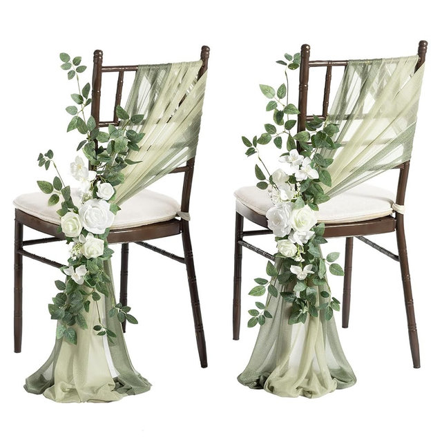 Ling's moment 8 Wedding Chair Decorations Aisle Pew Church Artificial Flowers Greenery Swag White Sage Green Bench Ceremony Reception Floral Faux Backdrop Rose Arrangements Party Outdoor Decorations