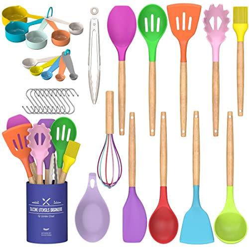 Umite Chef Kitchen Cooking Utensils Set, 24 pcs Non-stick Silicone Cooking Kitchen Utensils Spatula Set with Holder, Wooden Handle Silicone Kitchen Gadgets Utensil Set (Colorful) …